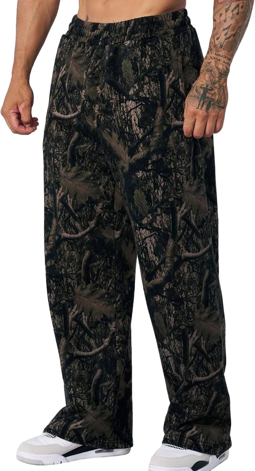 Mens Camo Graphic Print Sweatpants Athletic Gym Joggers Streetwear Pants Elastic Waist Wide Leg Workout Bottom